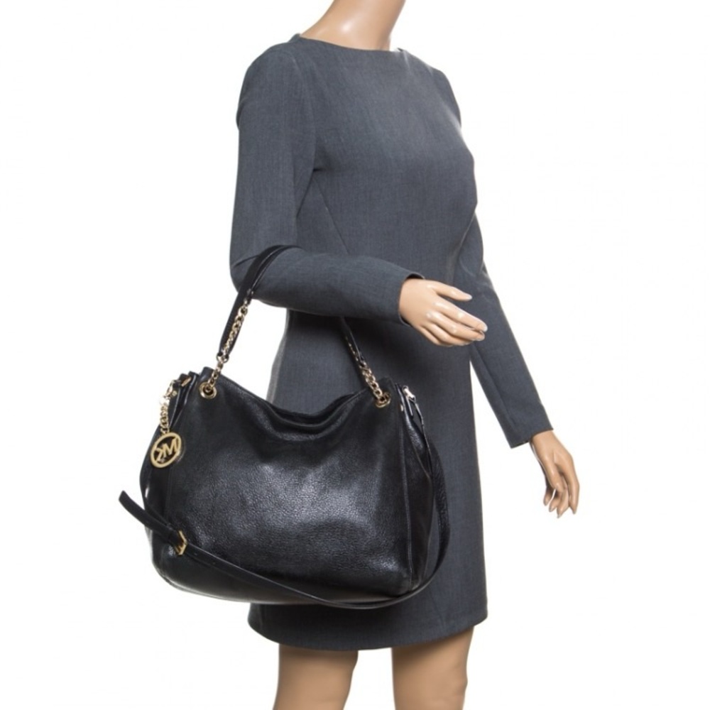 Michael Kors Black Pebbled Leather Shoulder Bag with Gold Hardware